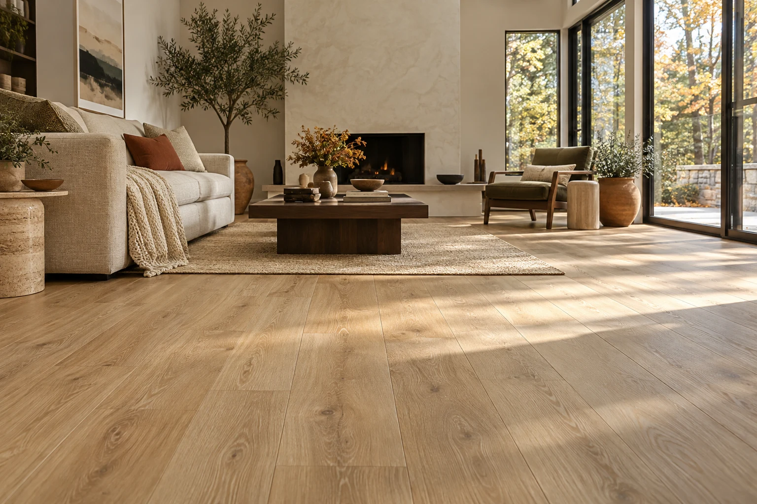 Design inspiration: warm oak-look plank flooring in a sunlit contemporary living room